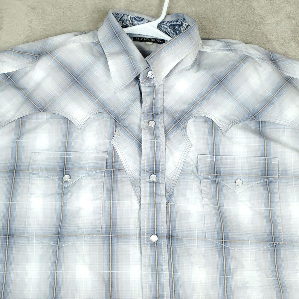 Stetson Shirt Mens XXL Blue White Plaid Pearl Snap Flip Cuff Western Cowboy - Picture 8 of 16